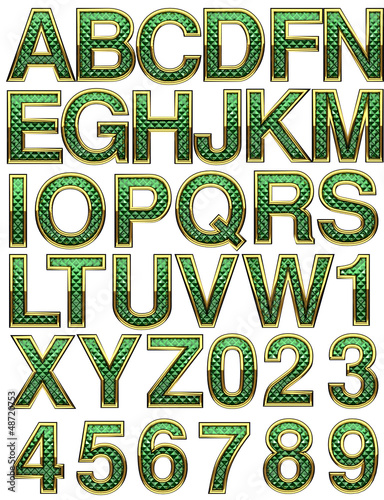Illustration: golden alphabet with green golden alphabet with green