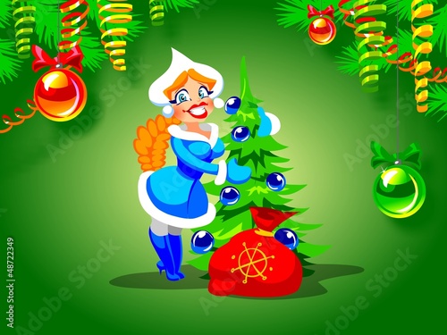 Illustration: happy Snow Maiden and a Christmas tree happy Snow Maiden and a Christmas tree