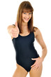 Photo: Junge Frau in schwarzem Badeanzug "Daumen hoch" Junge Frau in schwarzem Badeanzug "Daumen hoch"