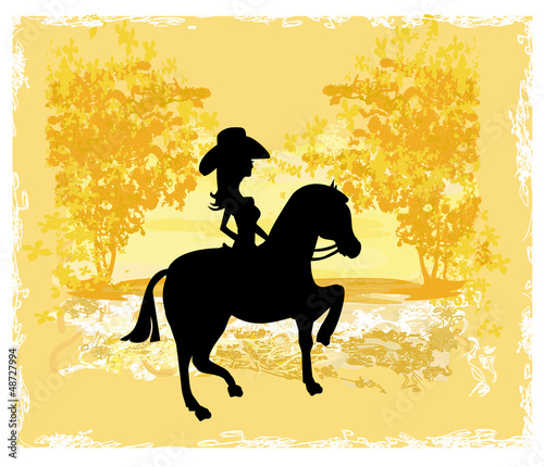 Illustration: Silhouette of Cowgirl and Horse - grunge background Silhouette of Cowgirl and Horse - grunge background