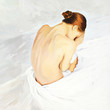sad crying girl sitting in beds, painting by oil on canvas,  ill