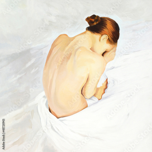 Illustration: sad crying girl sitting in beds, painting by oil on canvas, ill sad crying girl sitting in beds, painting by oil on canvas, ill