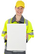 Pannenhelferin mit leerem Schild