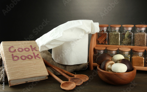 Photo: Composition with chef's hat and kitchenwear Composition with chef's hat and kitchenwear