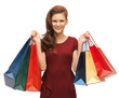teenage girl in red dress with shopping bags