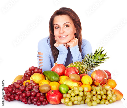 Photo: Girl with group of fruit and vegetables. Girl with group of fruit and vegetables.
