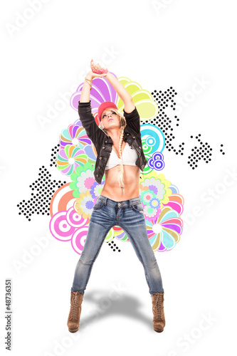 Photo: Sexy Blonde female dancer in front of illustration background Sexy Blonde female dancer in front of illustration background