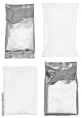 Photo: white silver aluminum paper bag package food template white silver aluminum paper bag package food template