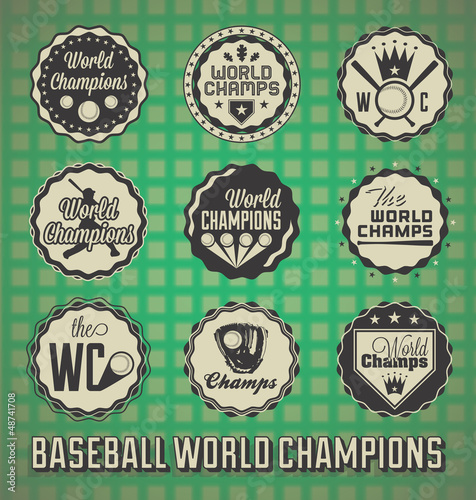 Vector: Vector Set: Baseball World Champion Labels and Icons Vector Set: Baseball World Champion Labels and Icons