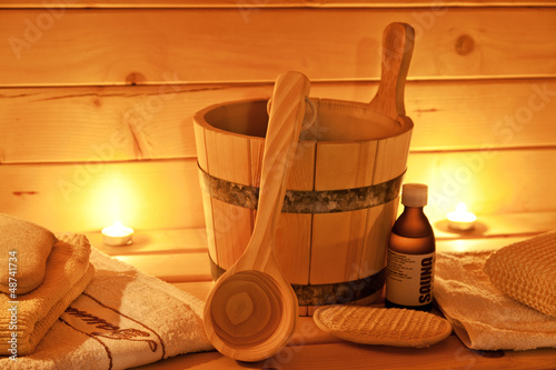 interior of finnish sauna and sauna accessories