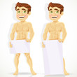 Cute naked man with posters for your message