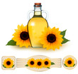 Bottle of sunflower oil with flower and  labels sunflower oil. V