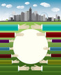 An imaginary big city with skyscrapers, blue sky,trees and hands
