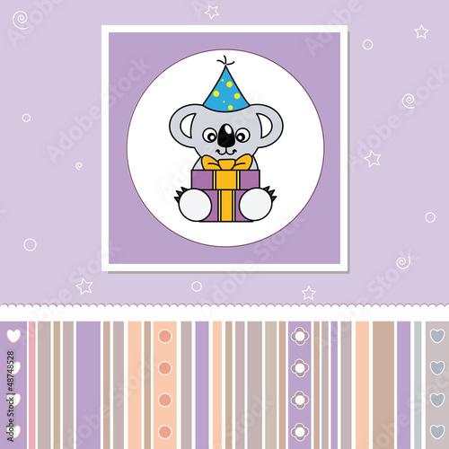 Vector: Tarjeta cumpleaños. Koala con regalo Tarjeta cumpleaños. Koala con regalo