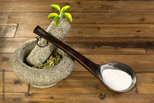 Photo: Stevia powder and dried leaves Stevia powder and dried leaves