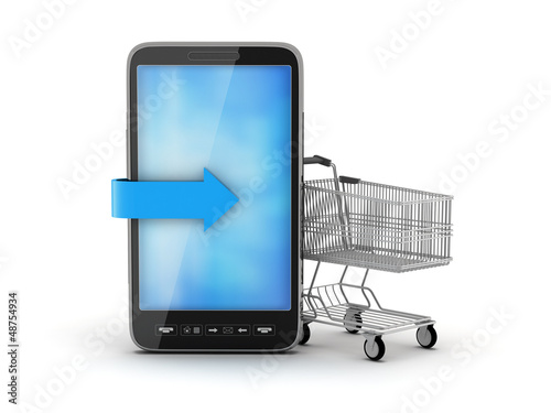 Illustration: Cell phone and shopping cart Cell phone and shopping cart
