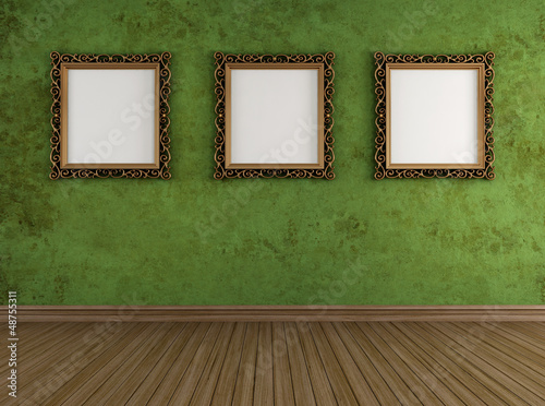 Illustration: Grunge green room with golden frames Grunge green room with golden frames