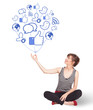 Happy lady holding social icon balloon