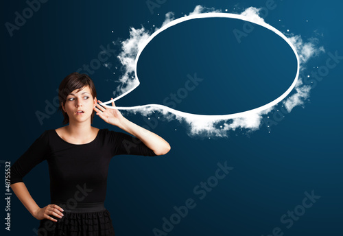 Photo: Young woman with abstract modern speech bubble Young woman with abstract modern speech bubble