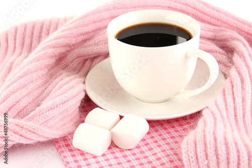 Photo: cup of coffee with scarf close-up cup of coffee with scarf close-up