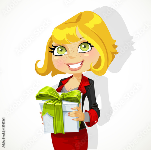 Vector: Cute young woman gives a gift Cute young woman gives a gift