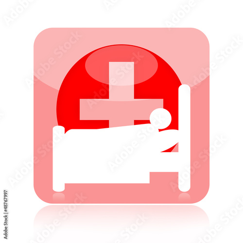 Illustration: Patient in hospital bed icon with medical cross Patient in hospital bed icon with medical cross