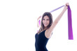 Photo: Young woman with pilates strap in hand on white background Young woman with pilates strap in hand on white background