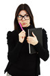 Young business woman confused on white background.