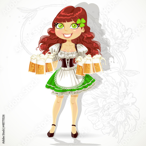 Vector: Cute girl with glasses of beer in a suit St. Patrick's Day Cute girl with glasses of beer in a suit St. Patrick's Day