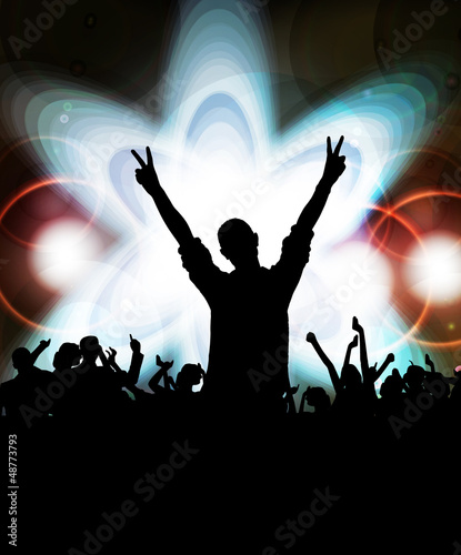 Illustration: Silhouettes of concert crowd in front of bright stage lights Silhouettes of concert crowd in front of bright stage lights