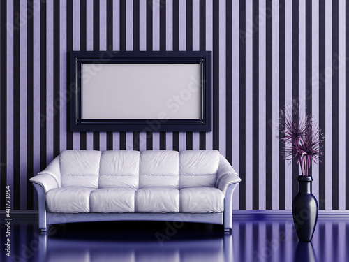 Illustration: interior with sofa and plant on a background of striped wall interior with sofa and plant on a background of striped wall