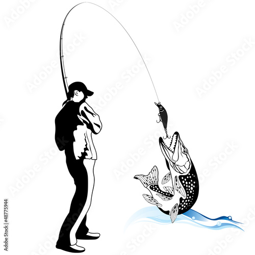 Vector: Fisherman caught a pike, vector illustration Fisherman caught a pike, vector illustration