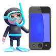 Scuba guy by a smartphone