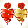 Ribbon banners in the shape of heart and red rose