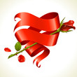 Ribbon banner in the shape of heart and red rose