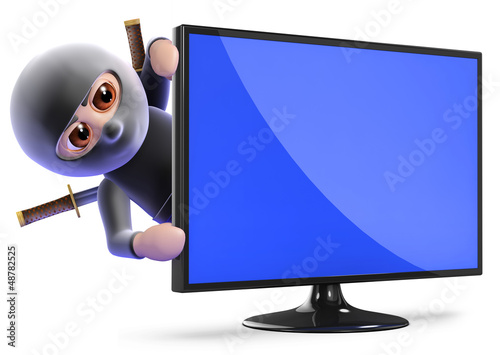 Illustration: Ninja jumps out from behind widescreen tv Ninja jumps out from behind widescreen tv