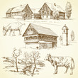 farm, rural landscape, agriculture - hand drawn collection