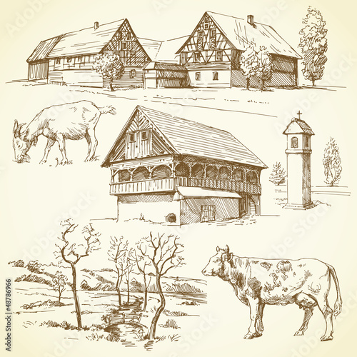Vector: farm, rural landscape, agriculture - hand drawn collection farm, rural landscape, agriculture - hand drawn collection