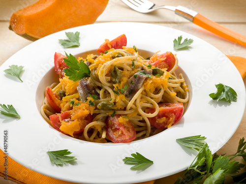 Photo: spaghetti with pumpkin anchovy caper and fresh tomatoes spaghetti with pumpkin anchovy caper and fresh tomatoes