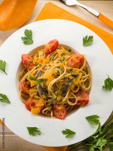 Photo: spaghetti with pumpkin anchovy caper and fresh tomatoes spaghetti with pumpkin anchovy caper and fresh tomatoes