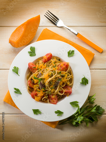 Photo: spaghetti with pumpkin anchovy caper and fresh tomatoes spaghetti with pumpkin anchovy caper and fresh tomatoes
