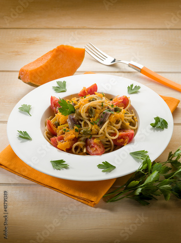 Photo: spaghetti with pumpkin anchovy caper and fresh tomatoes spaghetti with pumpkin anchovy caper and fresh tomatoes