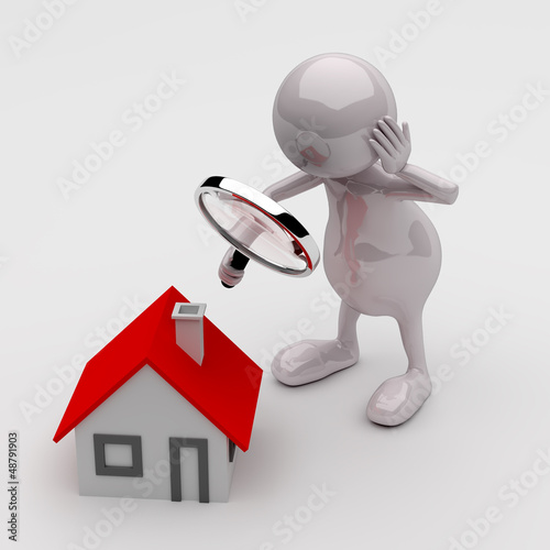 Illustration: 3D People with Magnifying Glass and House 3D People with Magnifying Glass and House