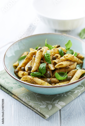 Photo: Penne Pasta with Basil Pesto and Capers Penne Pasta with Basil Pesto and Capers