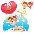 Vector: A Girls and boys Fly in the sky riding balloon. Valentine Charac A Girls and boys Fly in the sky riding balloon. Valentine Charac