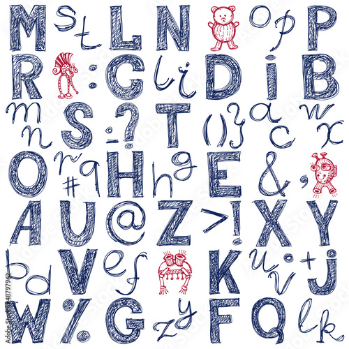 Vector: hand drawing blue doodle alphabet design hand drawing blue doodle alphabet design