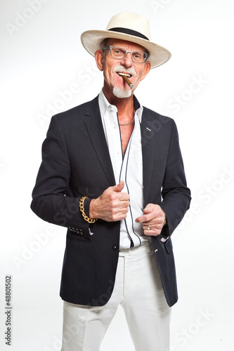 Photo: Gangster mafia man smoking cigar. Isolated on white. Gangster mafia man smoking cigar. Isolated on white.