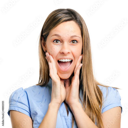 Photo: Surprised excited woman screaming amazed in joy Surprised excited woman screaming amazed in joy