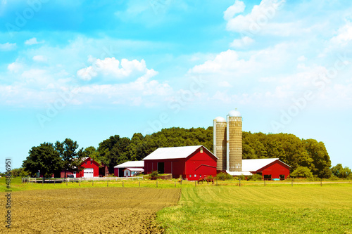 Photo: American Countryside Red Farm With Blue Sky American Countryside Red Farm With Blue Sky