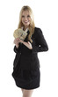 Confident young businesswoman holding currency notes and smiling